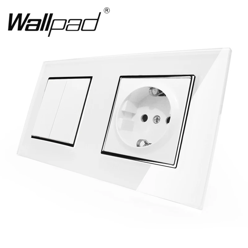 

Switch and Socket Wallpad White Crystal Glass Schuko EU Wall Power Socket with Claws and 2 Gang 1 Way Light Wall Rocker Switch