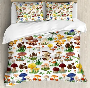 

Mushroom Decor Duvet Cover Set Pattern with Different Types of Mushrooms Wild Species Organic Natural Food 4 Piece Bedding Set