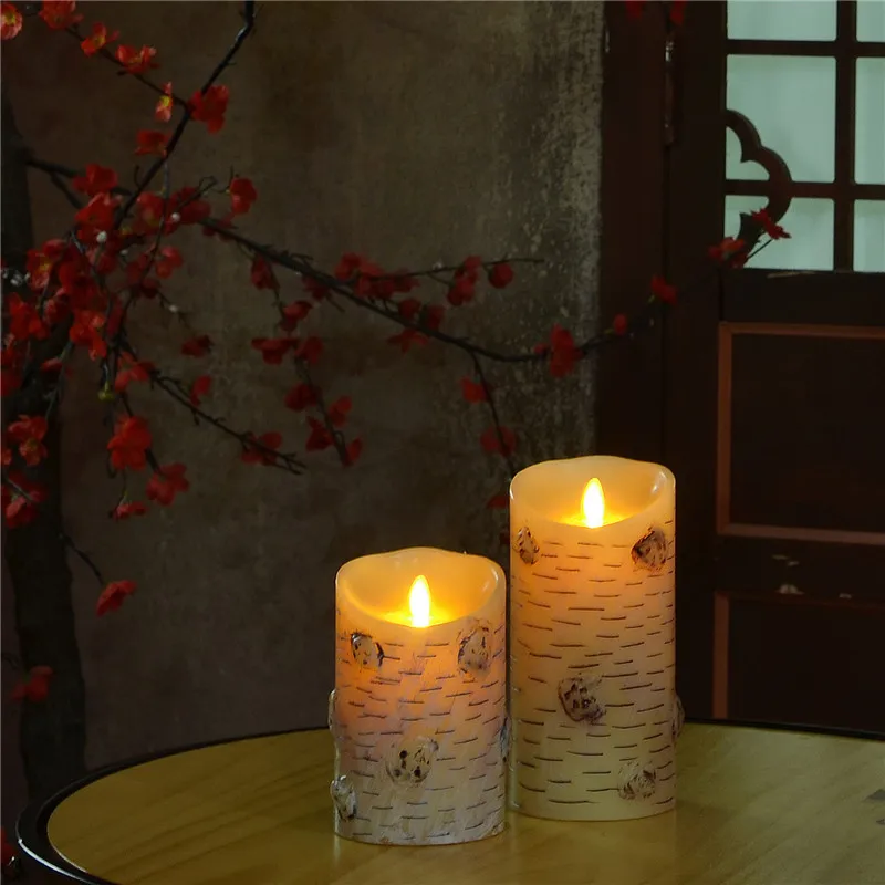 Moving Wick Dancing Flicker LED Candles Birch Bark Wax Candle Flameless