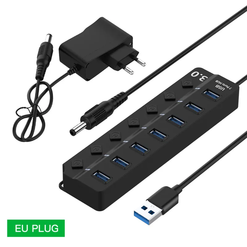 Высокая скорость USB 3,0 концентратор 4/7 порт USB3.0 HUB разветвитель на/выключение светодиодного индикатора С EU/US адаптер питания для ноутбука MacBook PC - Цвет: 7 Ports EU Plug