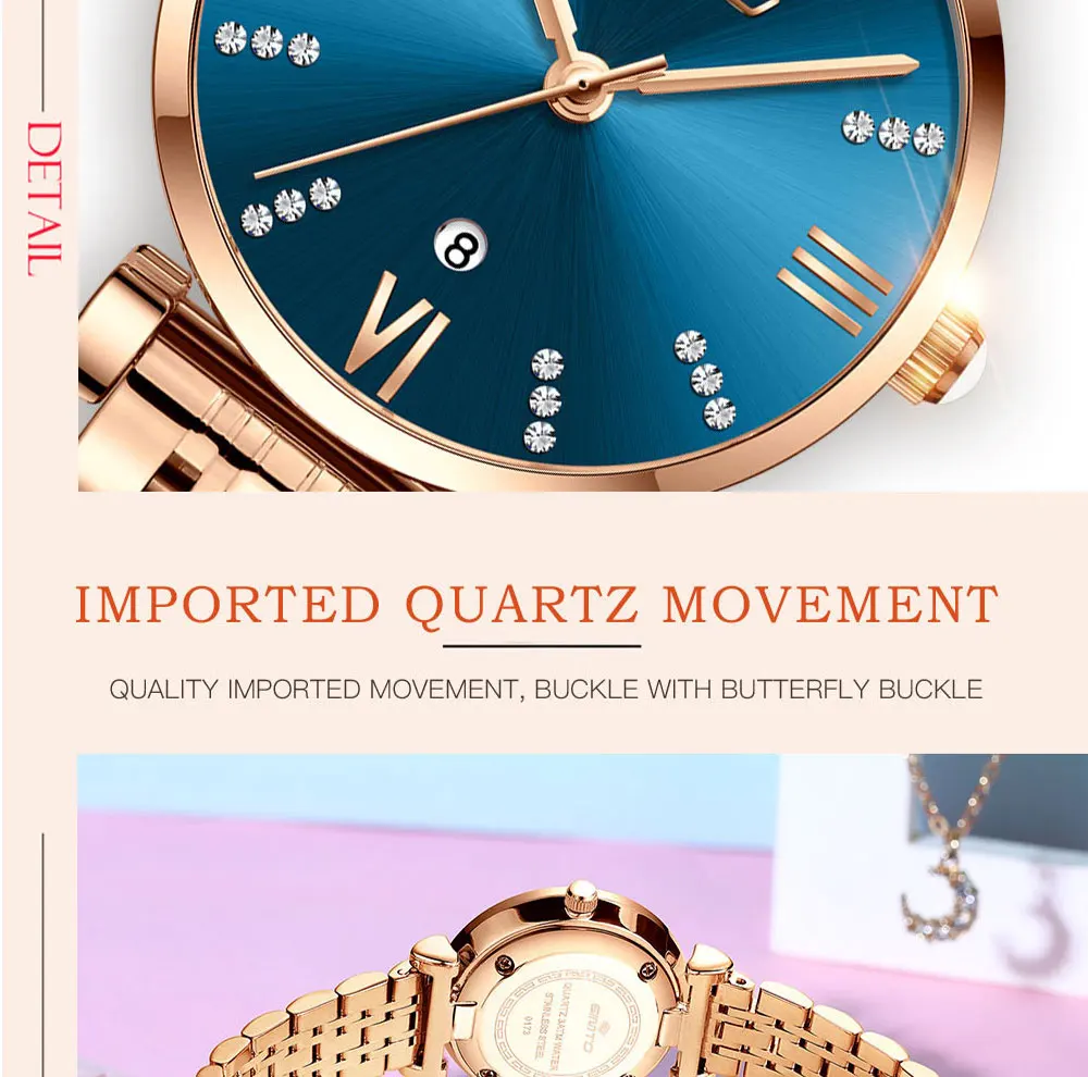 GIMTO розового золота роскошный кристалл женские часы Сталь браслет кварцевые наручные часы Дата леди смотреть женский relogio feminino