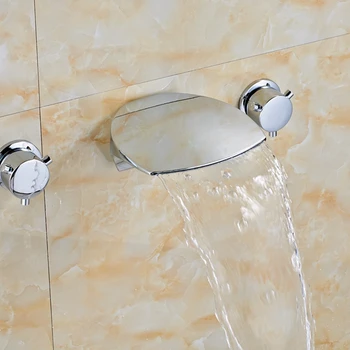 

Chrome Design Waterfall Spout Bathroom Faucet Wall Mount 3 Holes Sink Mixer Tap