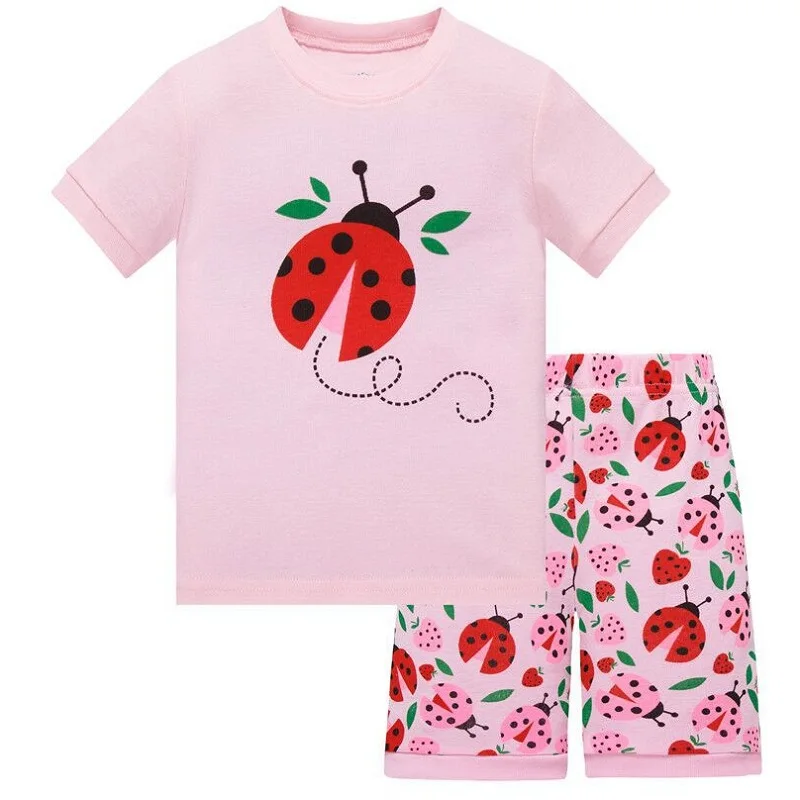 Модная одежда для девочек; Детские пижамные комплекты; детская футболка с котом и божьей коровкой+ штаны; одежда для сна для малышей; домашняя одежда из хлопка