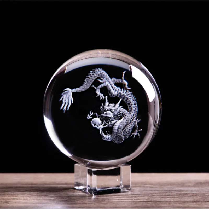 

Chinese Zodiac Dragon Figurines 3D Laser Engraved Crystal Ball Sphere Glass Marbles Globe Feng Shui Home Art Collectible Dragons