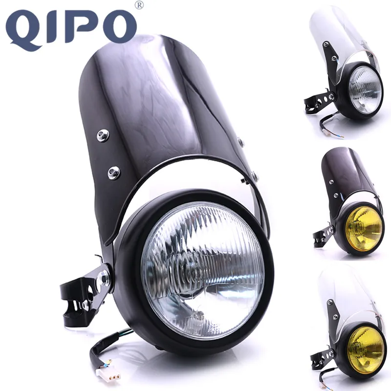 

QIPO Motorcycle Headlight Lamp With Windshield Retro Bulbs 35W Kit Fits Hi/ Lo Beam For CG125 GN125 Harley Cafe Racer Honda