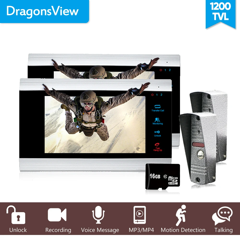 

Dragonsview 7 Inch Recording Video Door Phone Intercom System with 2 Cameras 1200TVL Wired Doorbell button With Built-in Motion