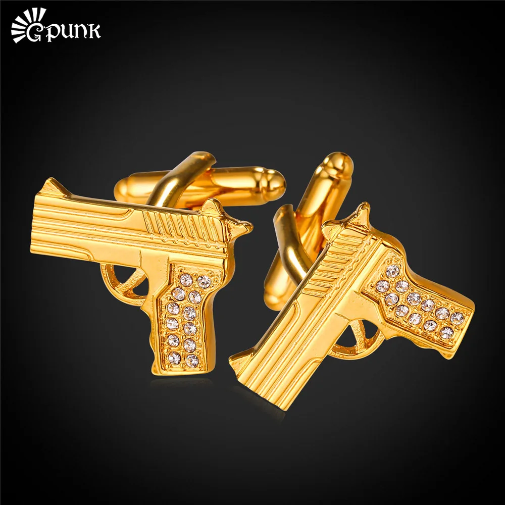 

Golden Cufflinks For Mens Shirts With Jewelry Box Designer Gun Shape Pistol Luxury Cufflinks For Wedding Groom Wholesale C2010G