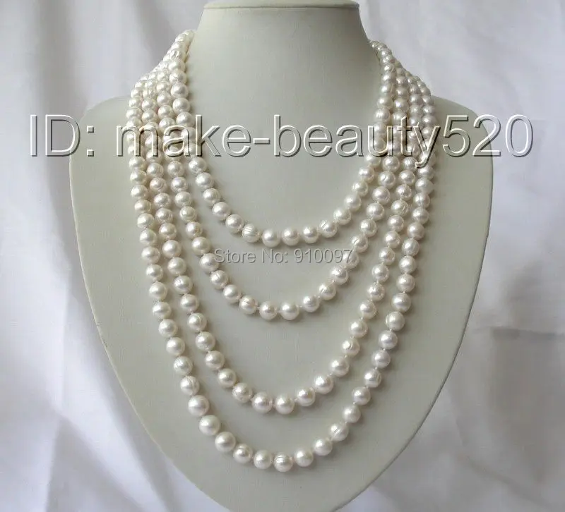 

7free shipping >>>stunning long 100" 10mm round white freshwater cultured pearl necklace