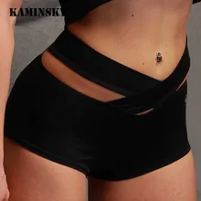 Kaminsky летние женские шорты с высокой талией, сетчатые Обрезанные Шорты, сексуальные Лоскутные черные спортивные короткие с высокой талией, с перекрестной талией, шорты для фитнеса