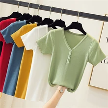 High Elasticity New Summer Ribbed Women T Shirt Fashion Button Girls Knitted Short Sleeves Tees Top V-Neck Female Casual T-shirt High Elasticity New Summer Ribbed Women T Shirt Fashion Button Girls Knitted Short Sleeves Tees Top V-Neck Female Casual T-shirt
