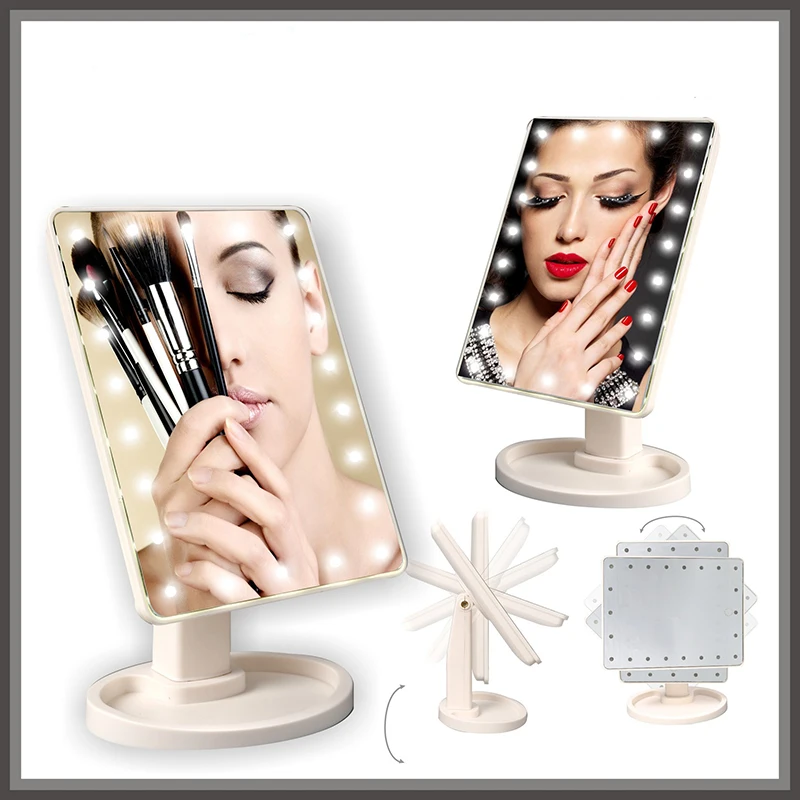 

Adjustable Tabletop Lamp 16/22 LEDs Lighted Touch Screen Mirror Makeup Portable Mirror Luminous 360 Rotating Makeup Organizers