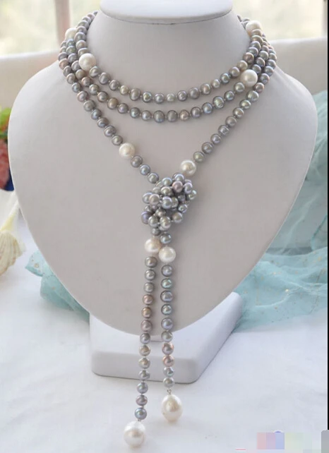 

Free shipping@@@@@ P4001 65" 14mm gray round white drip freshwater pearl necklace