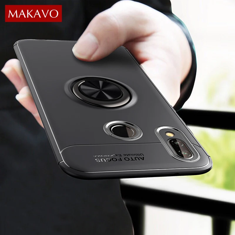 

MAKAVO For Huawei Y7 2019 Case Finger Ring Holder Soft Matte Silicone Back Cover for Y7 Pro Prime 2019 Phone Cases 6.26"