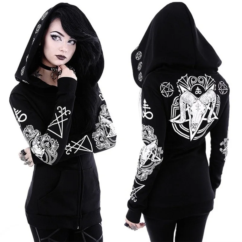  Gothic Punk Print Hoodies Sweatshirts Women Long Sleeve Jacket Zipper Coat Autumn Winter Female Cas