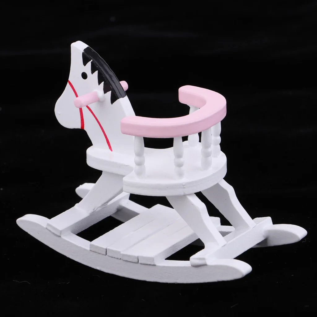 1/12 Dollhouse Miniature Wood Rocking Horse Baby Room Cockhorse Model Accessory Life Scenes White Color
