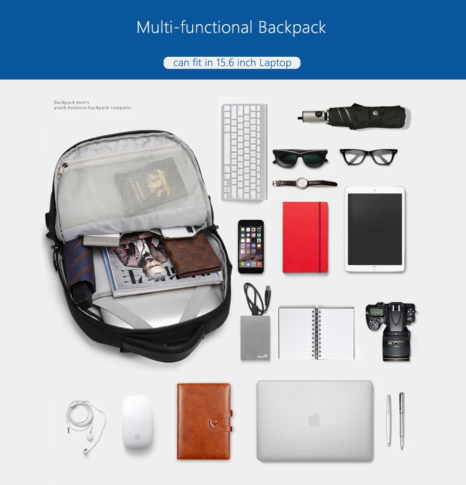OZUKO, рюкзак для ноутбука с защитой от кражи, usb зарядка, школьная сумка для мужчин, 15,6, водонепроницаемые Рюкзаки для подростков, модные мужские рюкзаки для путешествий