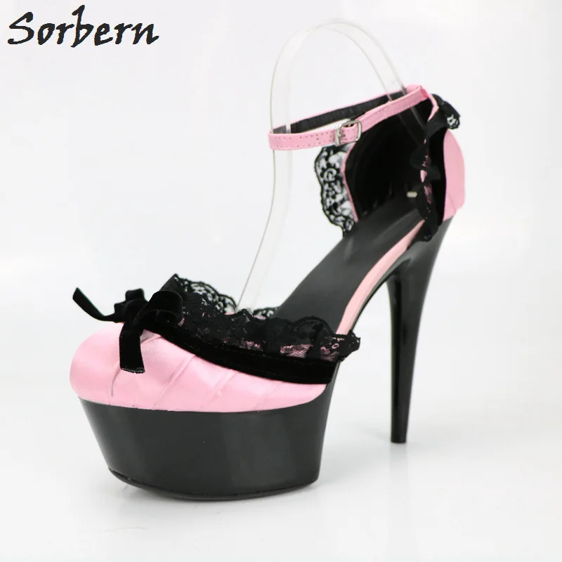 

Sorbern Pink Silk Cute Round Toe Women Pumps Ankle Straps Lace Cover Heeled High Heels Spike Heel Platform Shoes Ladies 2018