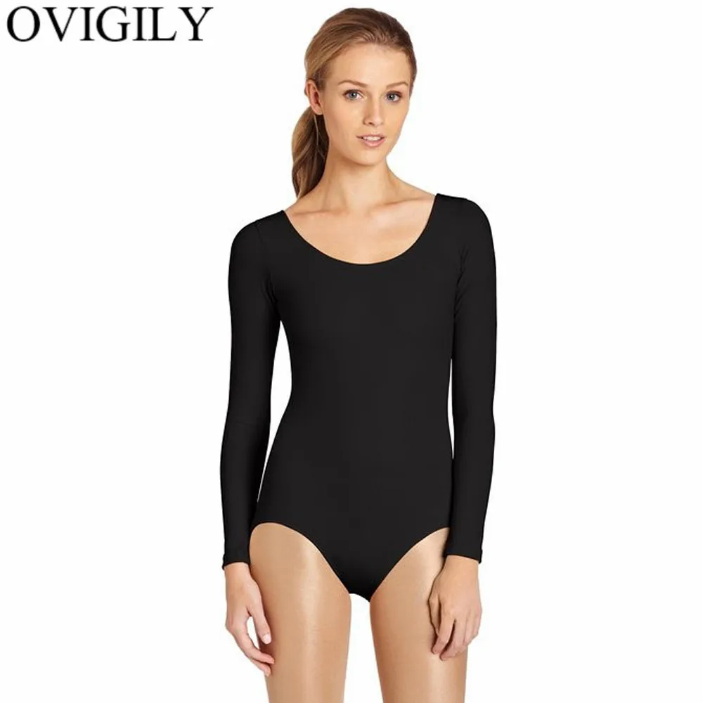 

OVIGILY Adults Long Sleeve Dance Leotards For Women Spandex Scoop Neckline Black Ballet Gymnastics Bodysuit Team Basic Dancewear