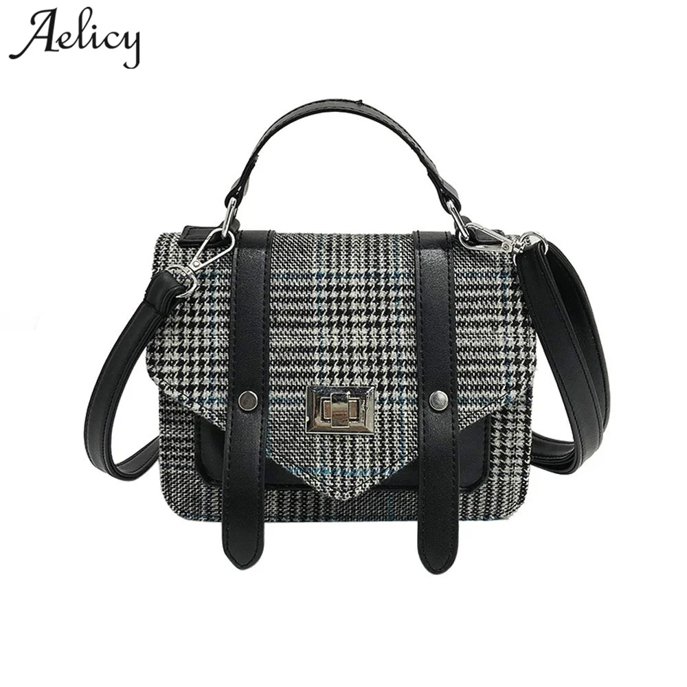 

Aelicy High Quality Wool Women's Fashion Plaid Stripes Double Belt Shoulder Bags New Ladies Women's Purses And Hand Bags