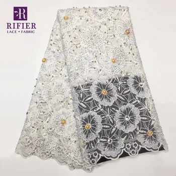 

Unique Style White Color Beads And Stones African Lace Fabric For Indian Women Evening Dress Guipure Mesh Net Wedding Material