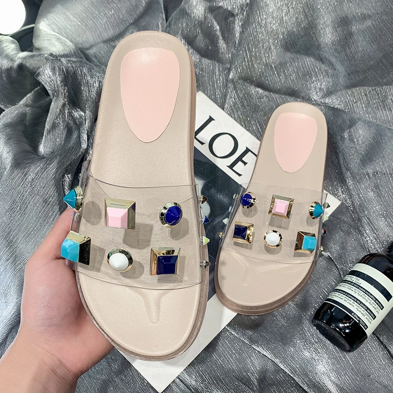 

2019 Summer New Slides Slippers Women Shoes Flat Comfortable Peep Toe Transparent Fabric Slippers Rivet Jelly Shoes