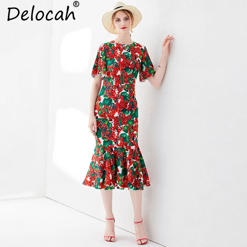 

Delocah Women Summer Trumpet Mermaid Dress Runway Fashion Flare Sleeve Floral Printed High Waist Elegant Vintage Midi Dresses
