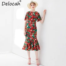 Delocah Women Summer Trumpet Mermaid Dress Runway Fashion Flare Sleeve Floral Printed High Waist Elegant Vintage Midi Dresses plus trumpet sleeve flare floral dress