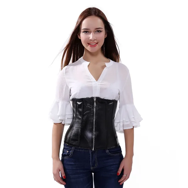 Women Black Faux Leather Lace Up Boned Under bust Corset Zipper Waist