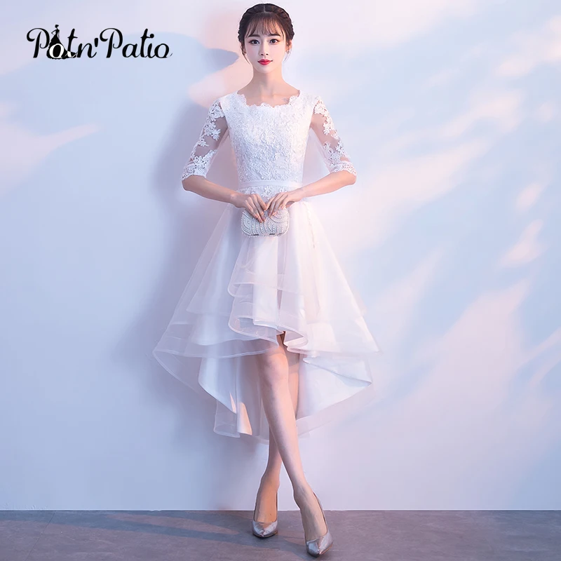 Белое платье с высоким низким вырезом 2018 элегантное с круглым вырезом Короткое переднее длинное заднее кружевное платье для выпускного