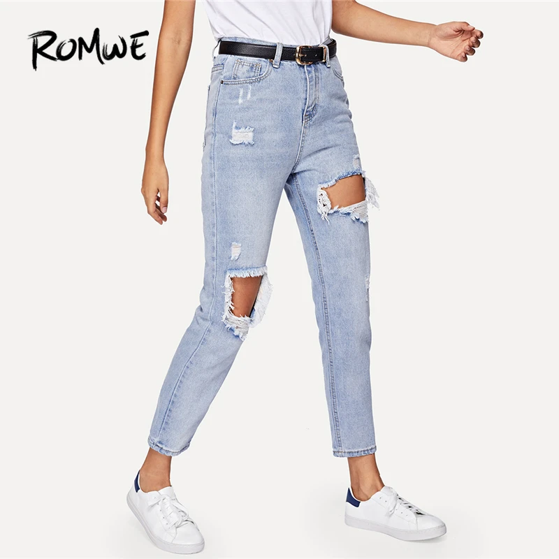 ROMWE Jeans Woman Cut Out Ripped Jeans For Women Blue Denim Trousers 2018 Fall Clothes Plain Pants Zipper Mid Waist Ladies Jeans ROMWE Jeans Woman Cut Out Ripped Jeans For Women Blue Denim Trousers 2018 Fall Clothes Plain Pants Zipper Mid Waist Ladies Jeans