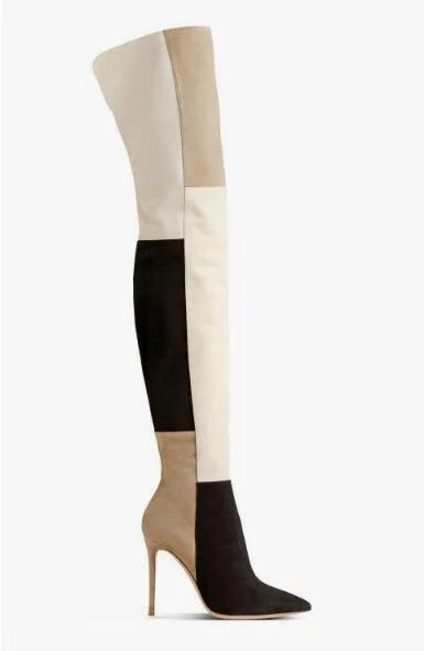 Зимние женские сапоги; коллекция года; джинсовые лоскутные Сапоги выше колен на высоком каблуке с острым носком; обтягивающие высокие сапоги до середины голени; высокие сапоги по индивидуальному заказу