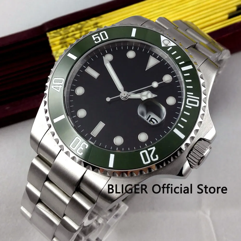 Sapphire Crystal 40MM Black Sterile Dial Green Ceramic Bezel Luminous