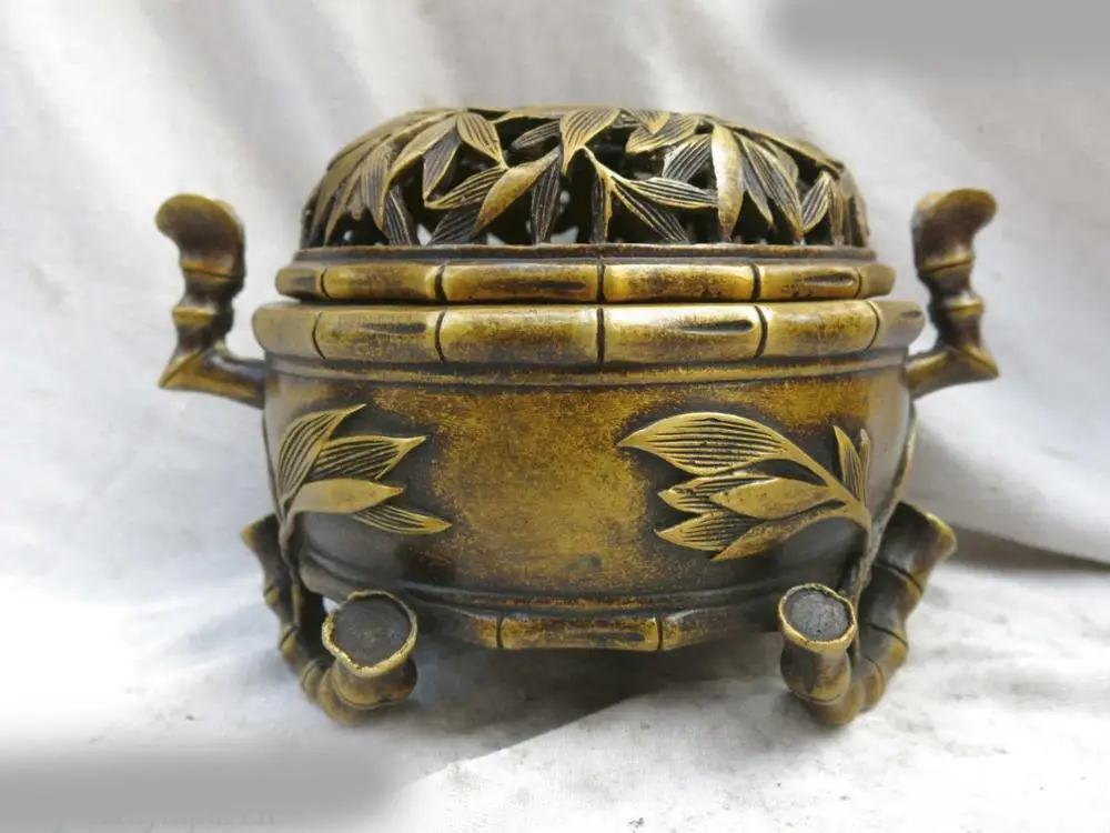 

DS Fine brass censer China carved bamboo leaf copper bamboo incense burner Statue