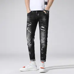 Новые рваные джинсы для мужчин с принтом обтягивающие черные эластичные мужские джинсы стрейч тонкий Штаны Одежда для улицы хип-хоп сезон