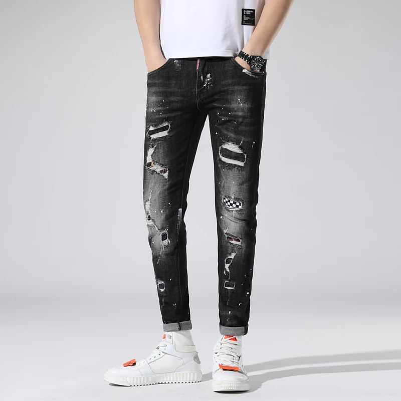 New Torn ripped jeans for men printed skinny black jeans men elastic ...