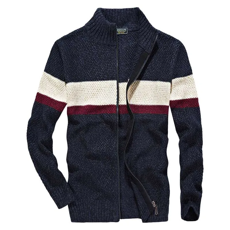 Осенне-зимний модный полосатый свитер, вязаная куртка, корейский стиль, мужская одежда, свитер на молнии, кардиган, большой размер, винтажный свитер - Color: Navy Blue