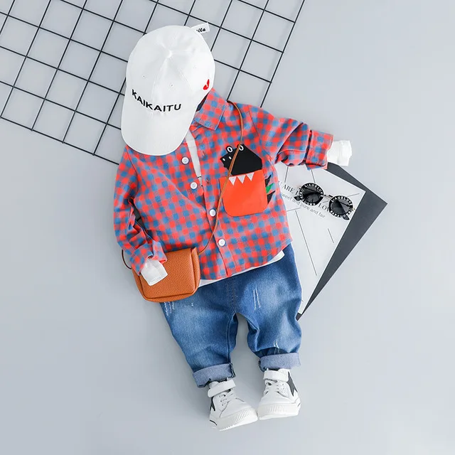 

2019 New spring autumn baby boys Casual Clothing Sets Children kids fashion Plaid shirt Tops Pants bow tie Suits clothes