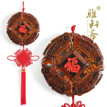 

[TZ] hand carved mahogany Zhai reunion blessing Fish Carving mural China Knot Pendant