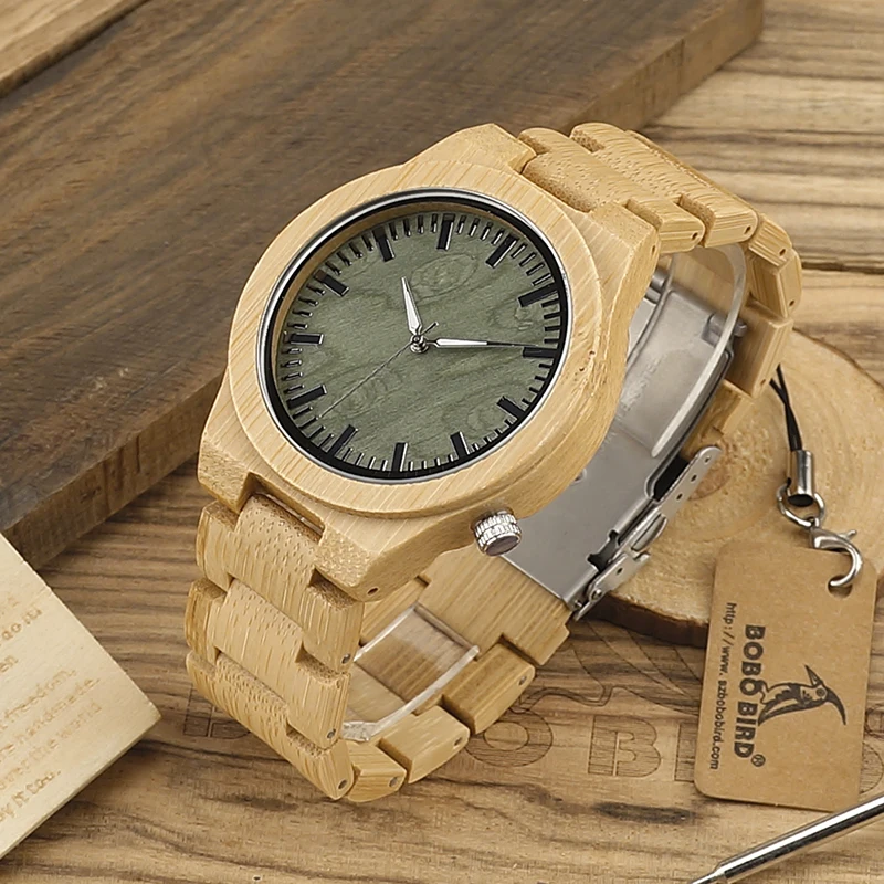 Bobobird B22 Mens Top Brand Design Green Wood Dial Full Bamboo Wooden Quartz Watches Japan 2035 Miyota Movement