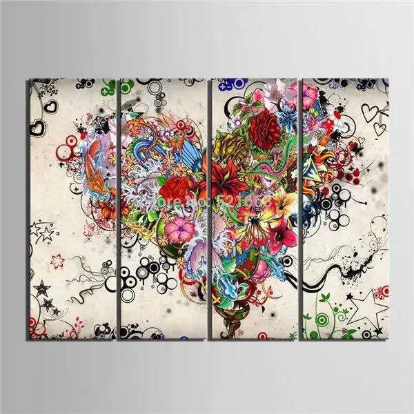 

Free Shipping E-Home Print Painting Color Flower Heart Decoration Painting Set Of4 Home Decor On Canvas Modern Wall Prints