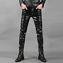 Мужчины мода черный плотный пу кожаные штаны певец лоскутное подростковой осень зима тонкий двориков рок стиль брюки
