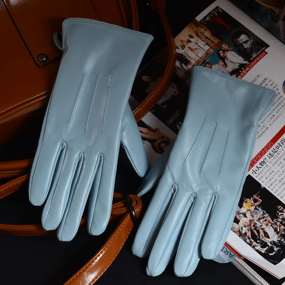 

New Women's Ladies 100% Real Leather Sheepskin Winter Warm Blue Short Gloves Six Colors