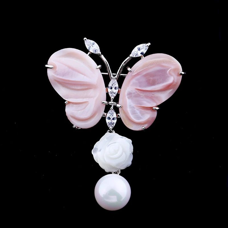 

LuxJuly Korea Version Natural Pink Shell Butterfly Zircon Brooch Pin Overcoat Suit Bag Brooch Temperament Simple Trendy Brooch