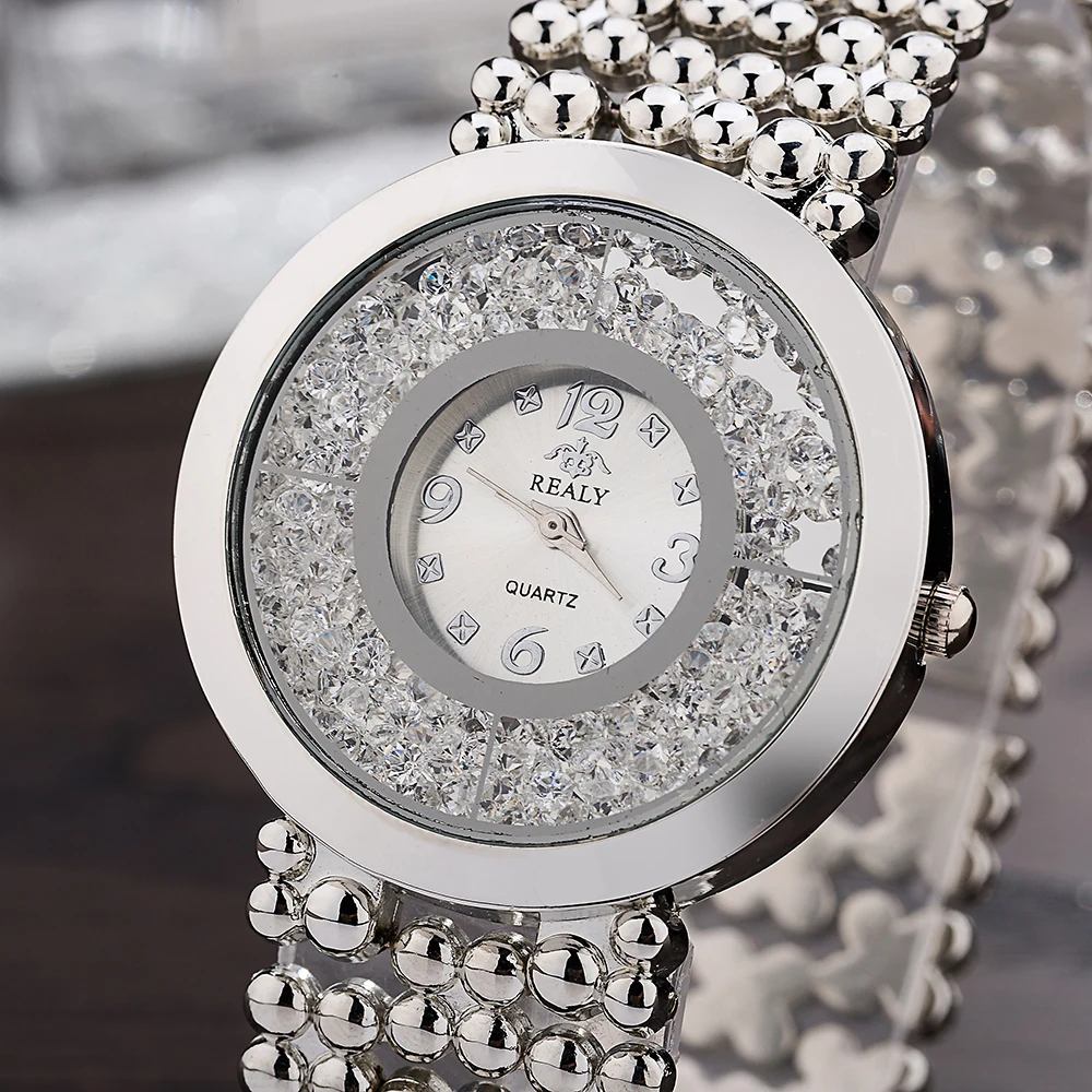 Популярные часы realy бренд женские Стразы Наручные часы золото/розовое золото/серебристый футляр для часов круглый бисер цепочка ремешок с подарочной коробкой