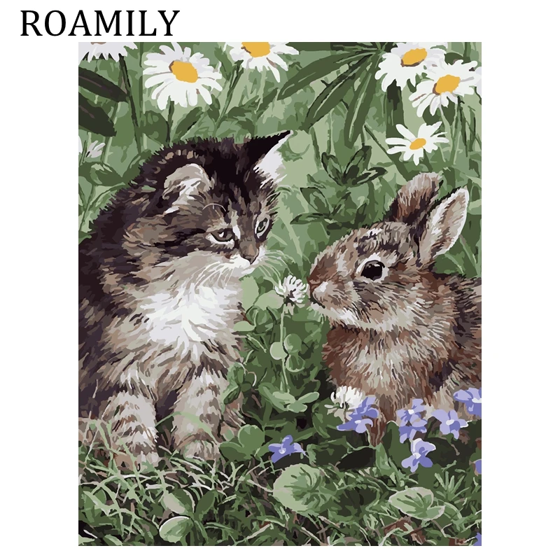 ROAMILY Unframed,Paint By Numbers,Lovely Cute Kitten and Bunny Canvas