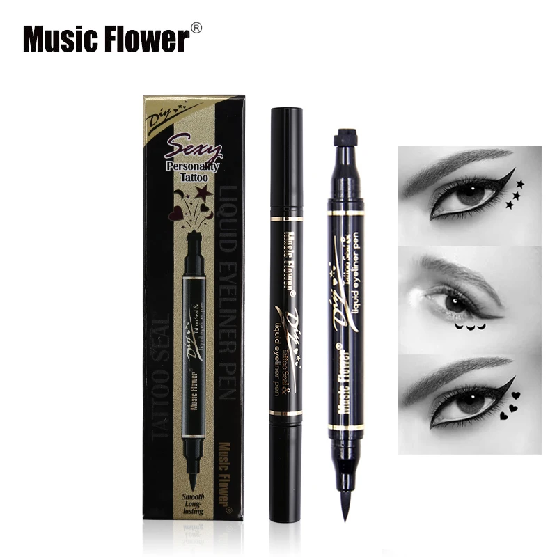 

Music Flower Brand Liquid Eyeliner + Stamp Double Ended Black Eye Liner Pencil Cosmetics Waterproof Long-lasting Makeup Set