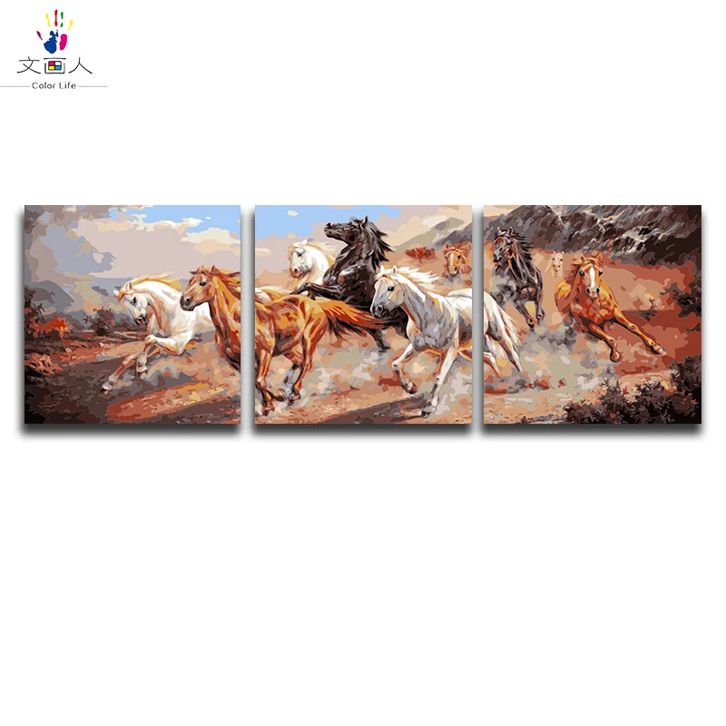 3 Панели, 9 лошадей, бегущих животных, картина по номерам с комплектами, посылка на холсте, ручная работа, висячая картина для украшения hoom - Цвет: 2117 9 horses