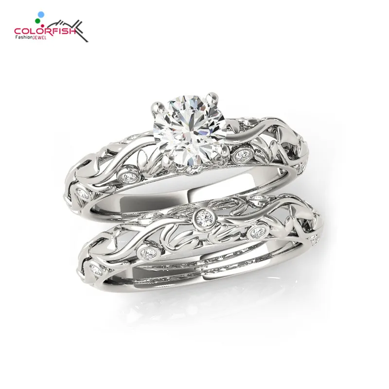 

COLORFISH Ethnic Genuine Stone 5A Zircon stone 925 Sterling Silver Women Engagement Wedding Band Ring Set Jewelry For Women