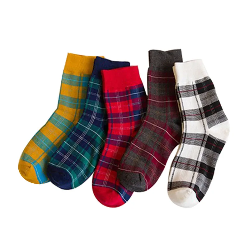 Calcetines de algodón con celosía para mujer, medias masculinas de estilo Retro británico, con diseño de Corea del Sur y Japón, 5 pares, parejas de calcetines cuadrados generosos