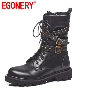 

EGONERY 2019 newest high quality genuine leather round toe metal rivet zipper lace-up med square heel fashion mid calf boots